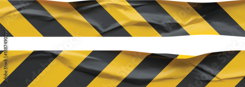 Dynamic yellow and black striped barrier tape, showing a torn and wrinkled texture, creating a visually impactful warning or construction zone element for graphic design projects