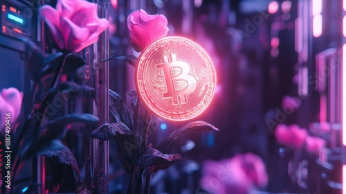 Digital Currency Fusion, Bitcoin, Data Center, Photo, Futuristic Nature, Close-Up, Cryptocurrency and Technology Synergy in Vibrant Neon Environment with Floral Elements