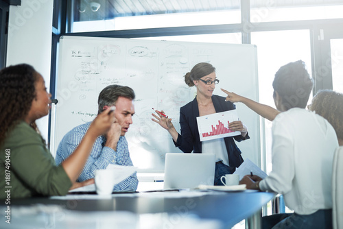 Fotografie Woman, presentation and documents at office meeting with group, planning or board at insurance company