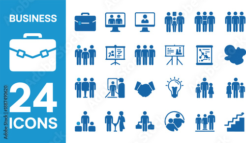 Essential vector icon set for business, showcasing blue symbols for corporate strategy, team collaboration, career advancement, and professional meeting presentations