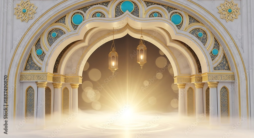 Obraz premium Elegant Ornate Islamic Archway with Lanterns Religious Greeting Decorative Background
