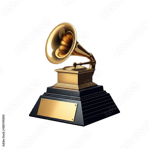 Golden music award trophy on a black pedestal, representing music achievement, success, and industry recognition with prestige