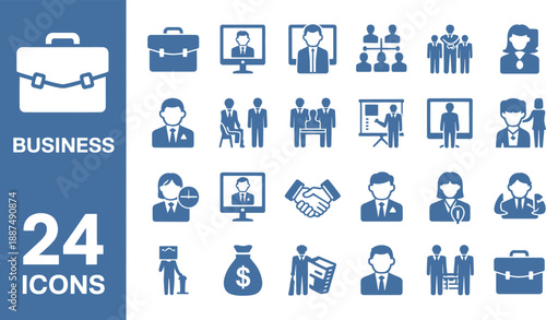Professional business icons set for presentations and web design featuring finance, meetings, and career growth