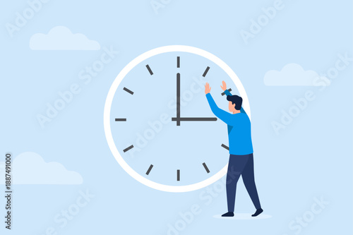 Man pushing clock hands for time management deadline or productivity concept flat vector illustration