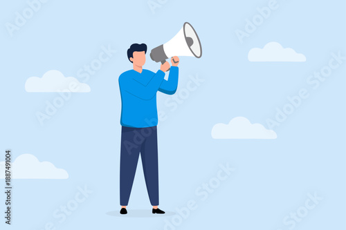 Man using megaphone for marketing announcement or public news promotion concept flat vector illustration