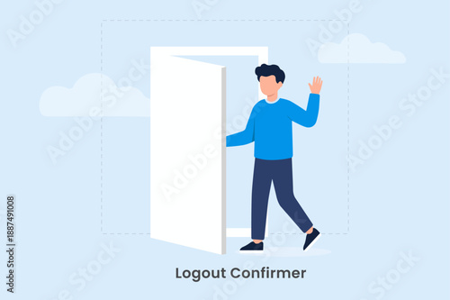 Man waving goodbye and leaving through door for logout or sign out confirmation concept vector illustration