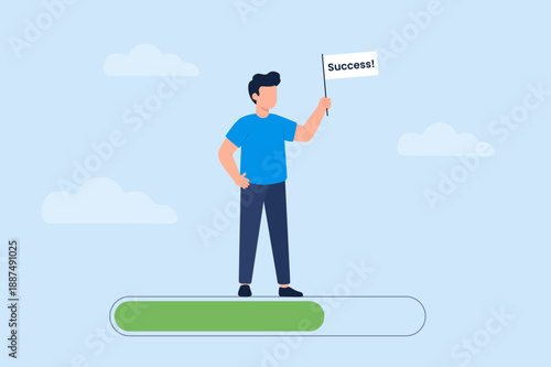 Successful man holding flag standing on completed green loading bar for business progress concept illustration