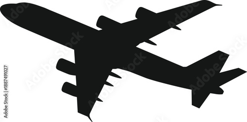 Commercial airplane silhouette flying in sky isolated on white background representing travel aviation transport airline journey concept design