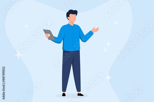 Professional man holding digital tablet and presenting idea or information flat vector illustration