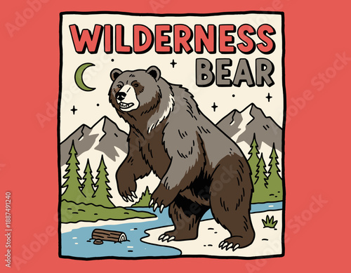 Wilderness bear mascot artwork design. Mountain nature adventure graphic print. Retro style t shirt print, poster, sticker, background.