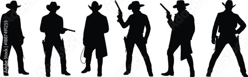 Cowboy silhouette illustration set with western gunslinger characters, wild west outlaw poses, vintage cowboy theme, black vector design