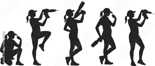 Female construction worker silhouette illustration set with electric drill poses, industrial tools, professional labor, engineering concept, black vector design