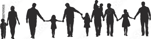 Happy family silhouette illustration with parents and children holding hands, togetherness and love concept, unity, black vector design