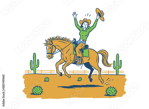 Cowgirl and horse riding in desert illustration. Western rodeo vintage graphic design. Horse bucking artwork. Funny cowgirl retro design. Great for t
