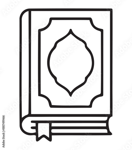 An elegant outline illustration of a holy book with a decorative cover and bookmark Vector, illustration