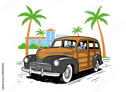 Resort shuttle service artwork. Vintage woody wagon car illustration. Tropical resort staff driving classic car graphics. Perfect for t shirt print, p