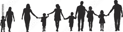 Happy family silhouette illustration with parents and children holding hands, togetherness concept, love, unity, black vector design