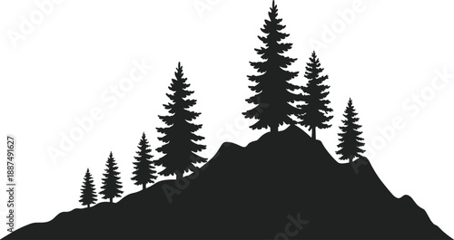 Pine tree forest silhouette on mountain hill isolated on white background representing nature wilderness landscape outdoor environment scenery concept