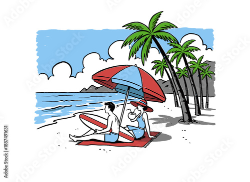 Beach vibes artwork for t shirt, poster, sticker. Summer good vibes. Relaxing couple sketch. Paradise beach graphics design. Coastal abstract art desi