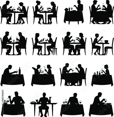 Restaurant dining silhouettes set with couples eating and drinking, romantic date scenes, cafe lifestyle, social interaction, black vector collection