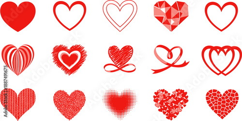 Diverse collection of red heart shapes and styles, perfect for love and romance designs.