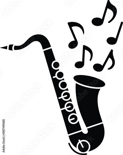 Saxophone silhouette illustration with floating musical notes, jazz instrument concept, music symbol, sound art, black vector design