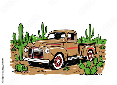 Vintage classic pickup truck design. Desert adventure vehicle artwork. Retro travel illustration with cactus. Car print design for t shirt print, post
