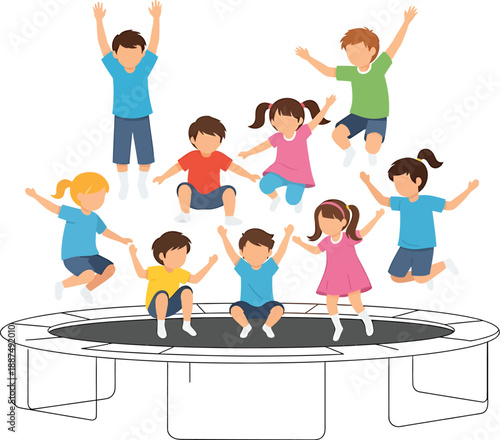 Happy Kids Jumping on Trampoline Flat Vector Illustration
