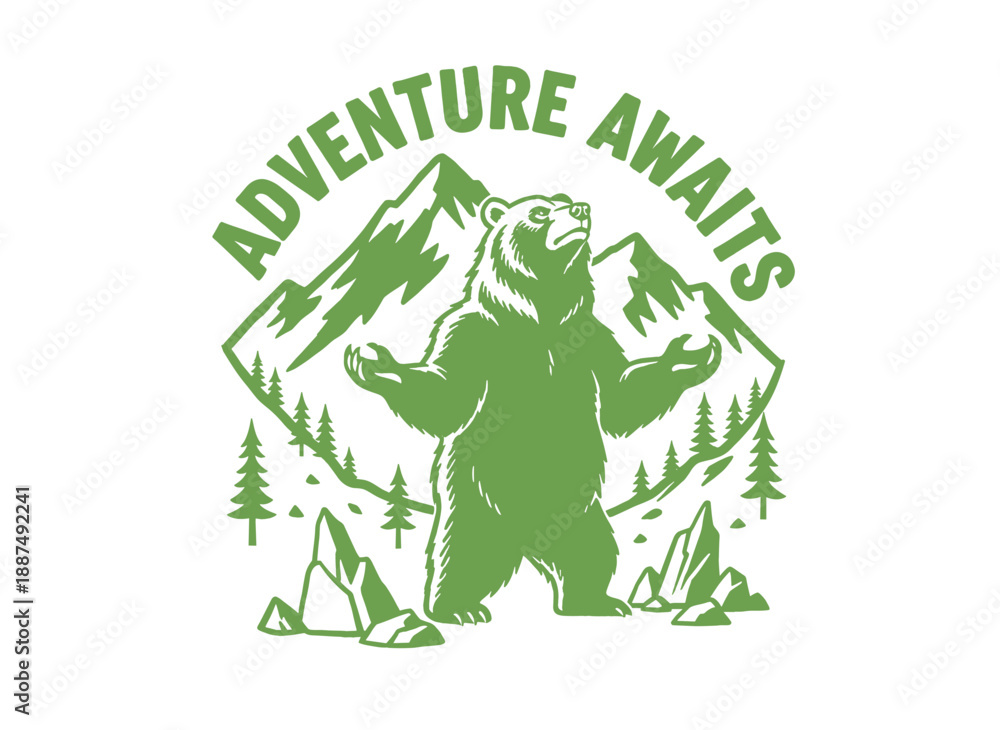 Fototapeta premium Bear illustration and mountain adventure poster design. Outdoor camping graphics typography. Adventure awaits artwork for t shirt print, poster, stick