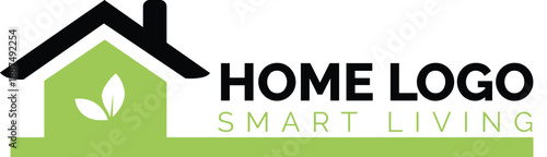 Green house logo with leaves and text HOME LOGO SMART LIVING representing eco-friendly smart home technology and sustainable living