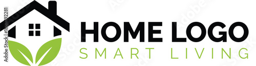 Eco-friendly home logo with leaves and text for smart living representing sustainability and modern real estate concepts isolated on white