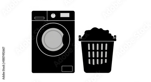 Graphic silhouette of a contemporary washing machine and a full laundry basket, representing household cleaning chores and the domestic routine of washing clothes