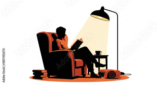 A person enjoying a quiet moment reading a book in a comfortable armchair under the warm glow of a reading lamp, surrounded by books and a rolled blanket