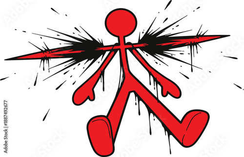 Red stick figure character experiencing a sharp emotional or physical impact with black splatter effects and stylized piercing spear elements.