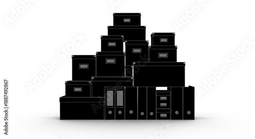 A stack of black filing cabinets arranged in a pyramid structure viewed from the front in a professional office environment