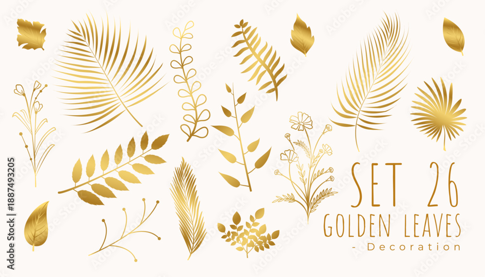 Fototapeta premium set of stylish tropical golden leaves greeting card template