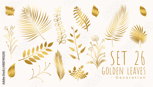 set of stylish tropical golden leaves greeting card template