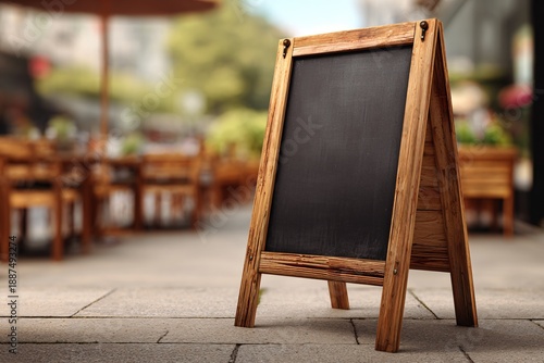 Blank wooden chalkboard sign on sidewalk outside restaurant
