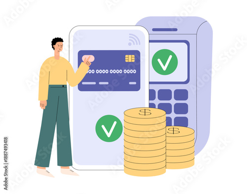 Online payment concept. Man using mobile banking. Finance bank on smartphone app. Online shopping and electronic commerce. Electronic money transfer. Flat vector illustration