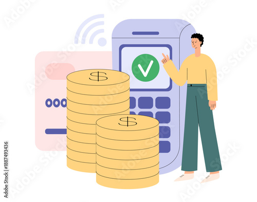 Online payment concept. Man pay for purchases with bank plastic card using POS terminal. Contactless wireless cashless payment with nfc technology. Electronic money transfer. Flat vector illustration