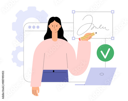 Digital signature concept. Female character signing electronic contract online. E-signature concept. Flat vector illustration