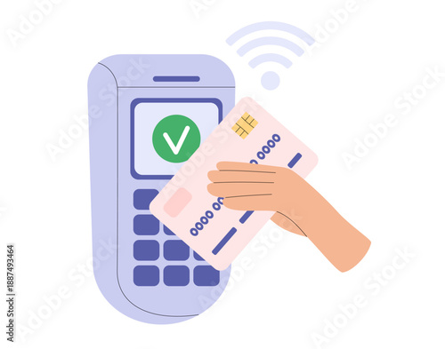 Payment concept. People pay for purchases with bank plastic card using POS terminal. Contactless wireless cashless payment with nfc technology. Electronic money transfer. Flat vector illustration