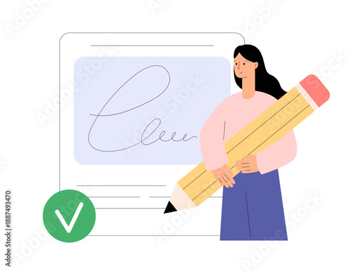 Digital signature concept. Female character signing electronic contract online. Flat vector illustration