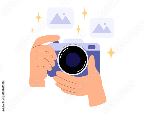Photography concept. Photography workshop, processing workshop, photo portfolio creation. Photographer take pictures on camera. World photography day. Flat vector illustration
