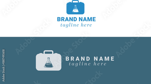 Blue briefcase icon with a flask inside representing science or medical services perfect for branding and corporate identity