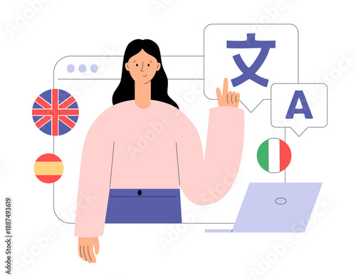 Translation service. Language learning. Student choosing English course to learn in internet school. Online translator. Digital education concept. Flat vector illustration