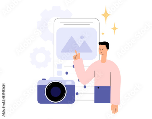 Photography concept. Photography workshop, processing workshop, photo portfolio creation. Photographer retoucher using photo editing app. World photography day. Flat vector illustration