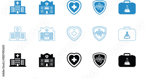 Collection of medical icons including hospital heart shield and medical bag in flat design style for healthcare and technology applications