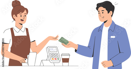 Coffee Shop Card Payment Outline Icon Set  Customer, Barista, POS Terminal, and Café Essentials