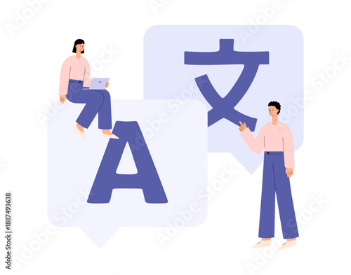 Translation service. Online translator concept. Professional synchronic translators at work, freelance job, small business, multilingual people. Flat vector illustration